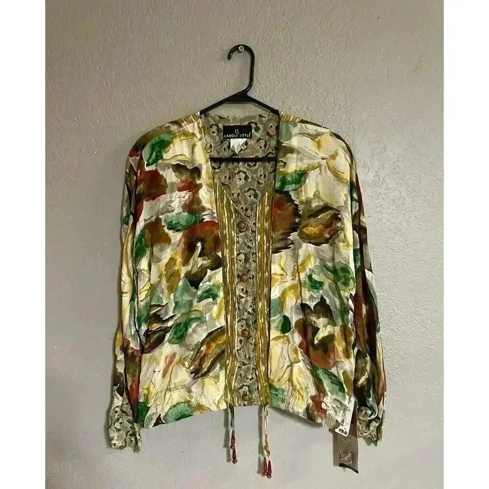 NWT‎ Vintage Carole Little Green Yellow Brown Button Long Sleeve Blouse Size 16